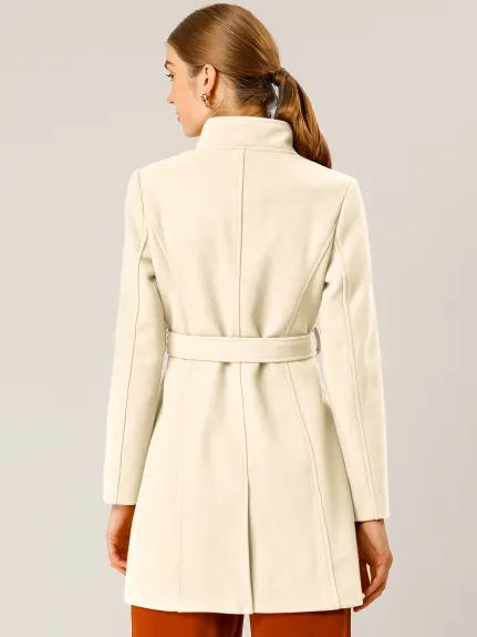 Allegra K- Classic Stand Collar Belted Long Coat