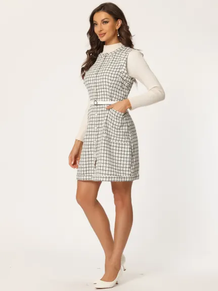 Allegra K - Button Down Pinafore Tweed Dress with Belt