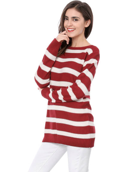 Allegra K- Round Neck Drop Shoulder Loose Striped Tunic Sweater