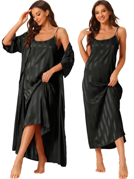 cheibear - Satin 2Pcs Stripe Nightgown with Robes