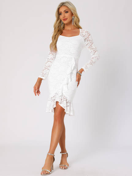 Allegra K - Square Neck Split Mermaid Lace Dress