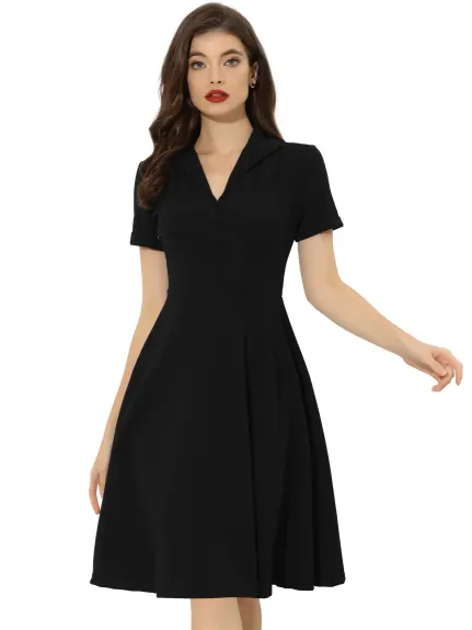 Allegra K- Vintage Flat Collar Short Sleeve Fit and Flare Dress