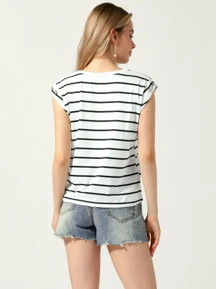 Allegra K - Crew Neck Striped Cap Sleeve Tops