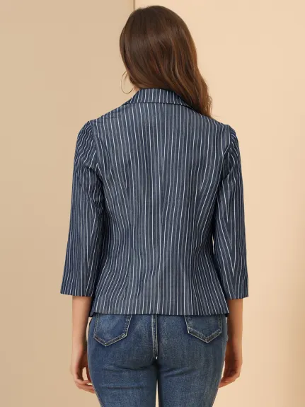 Allegra K- Casual Striped 3/4 Sleeves Open Front Notched Lapel Blazer