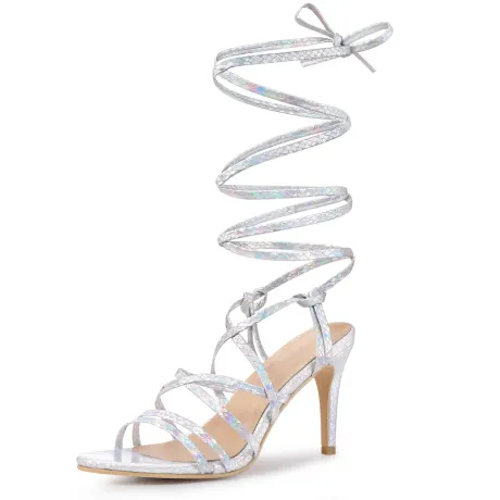 Allegra K - Snakeskin Print Lace Up Heeled Sandals