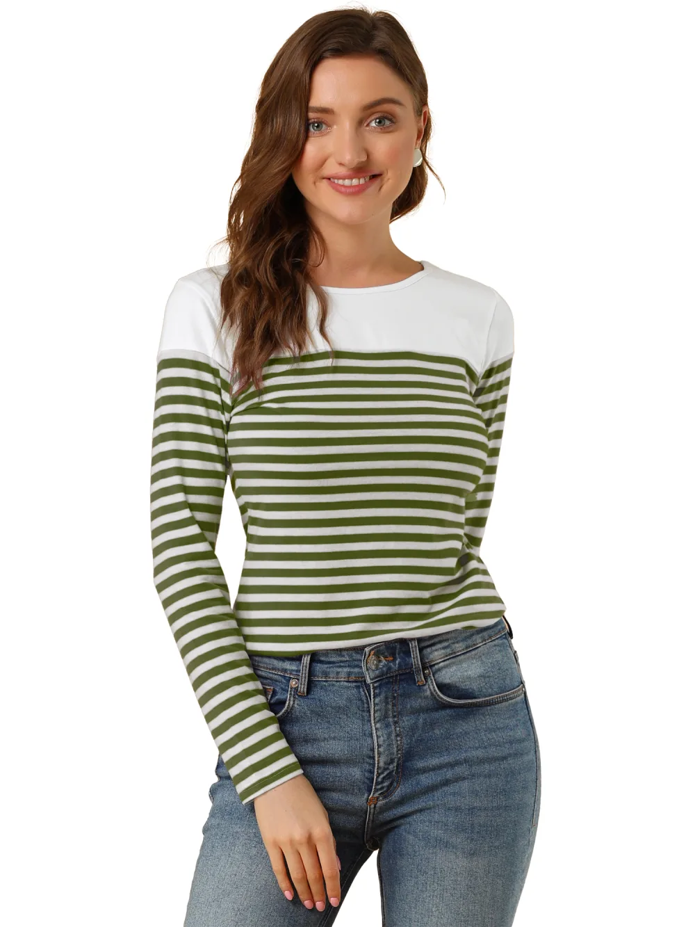 Allegra K- Striped T-Shirt Color Block Long Sleeve Round Neck