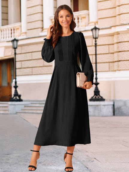 INSPIRE CHIC - Pleated Front Flowy Long Sleeve Dress