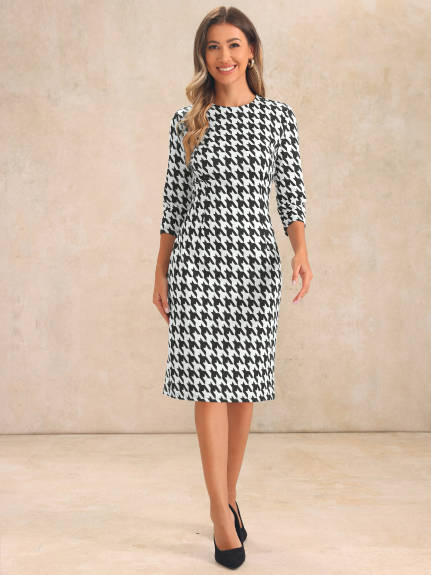 Allegra K - Houndstooth 3/4 Sleeve Bodycon Work Dress