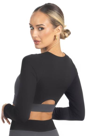 Akalia Alisha Color Block Activewear Long Sleeve Top in Black