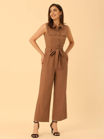 Allegra K- Sleeveless Collared Tie Waist Coverall Button Down Jumpsuit