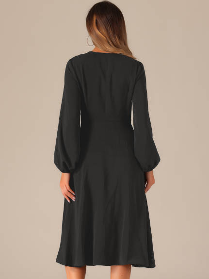 Allegra K - Twist Front Puff Sleeve Midi Dress