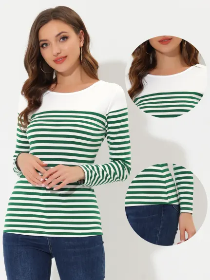 Allegra K- Striped T-Shirt Color Block Long Sleeve Round Neck