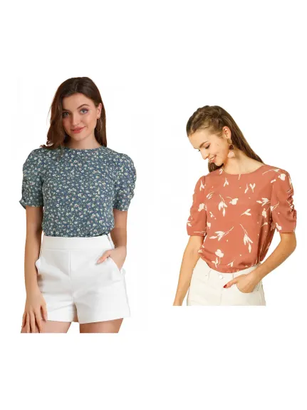 Allegra K- Floral Shirred Short Sleeve Blouse 2-Pack