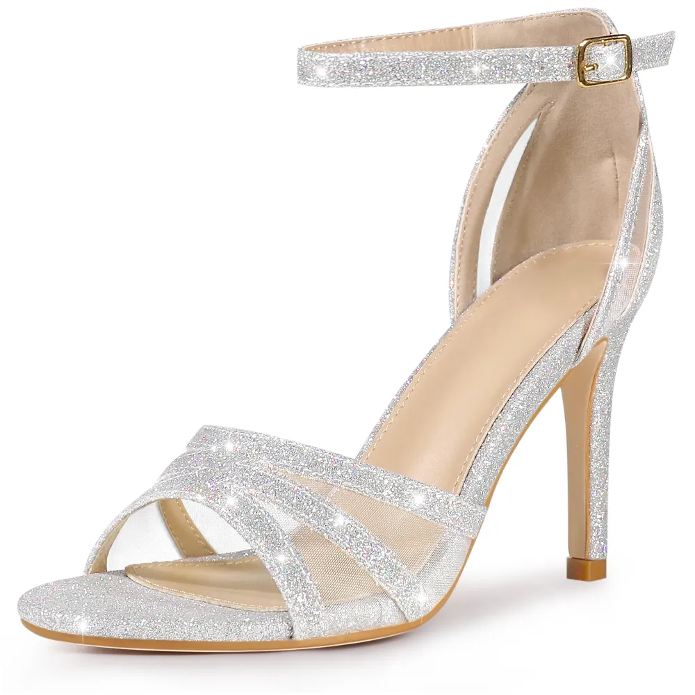 Allegra K- Stiletto Heel Ankle Strap Glitter Sandals