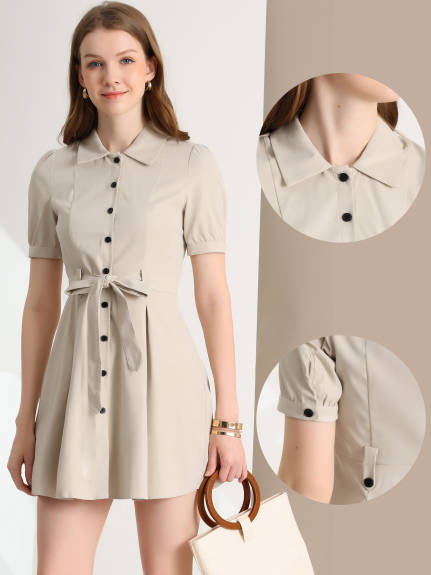 Allegra K- Puff Sleeve Button Down A-line Belted Shirt Dress