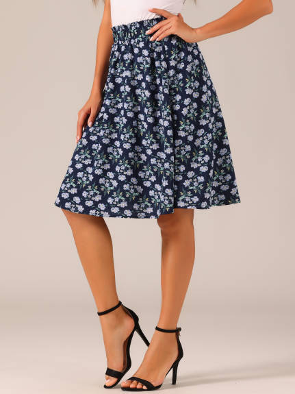 Allegra K- Floral Printed Knee Length A-Line Skirt