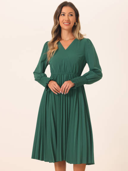 Allegra K - V-Neck Long Sleeve Pleated Midi Dress