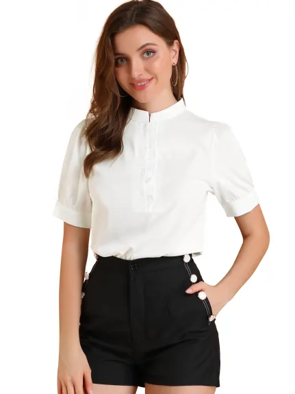 Allegra K - Puff Sleeve Chiffon Half Placket Top