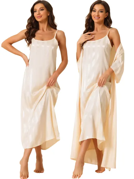 cheibear - Satin 2Pcs Stripe Nightgown with Robes