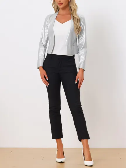 Allegra K - Faux Leather Open Front Crop Jackets