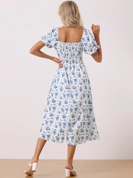 Allegra K - Robe longue à fleurs avec col noué et manches bouffantes fendues