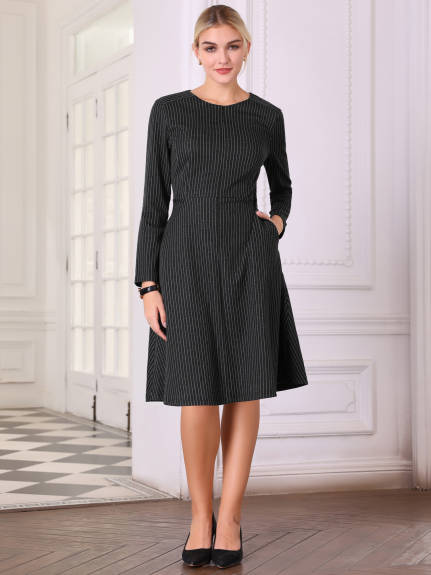 Hobemty - Striped Zipper Neck A-Line Fall Dress