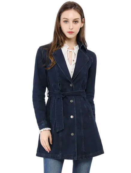 Allegra K- Notched Lapel Button Belted Long Denim Jacket