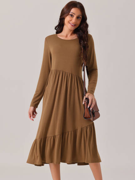 Allegra K - Long Sleeve Pleated Tiered Swing Dress