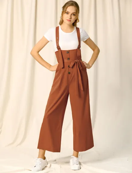 Allegra K- Wide Leg Belted Button Jumpsuit Overall