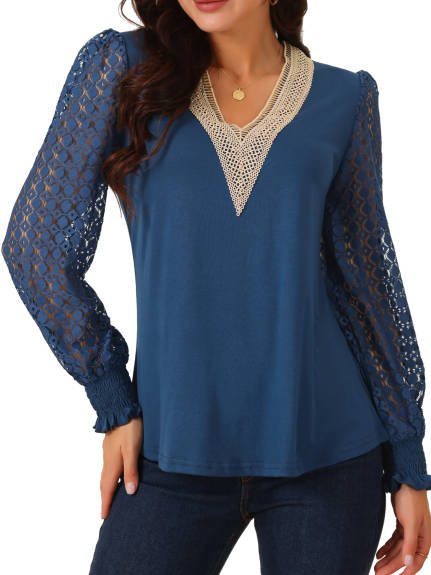 Allegra K - Lace V Neck Hallow Out Sleeve Blouse