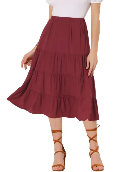 Allegra K- Elastic Waist Tiered A-Line Midi Skirt