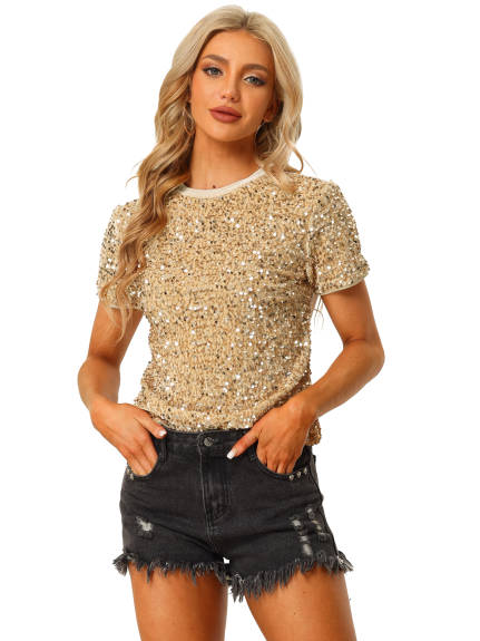 Allegra K- Velvet Crew Neck Short Sleeve Sequin Top