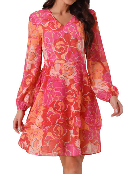 Allegra K - V-Neck Long Sleeve Floral Dress