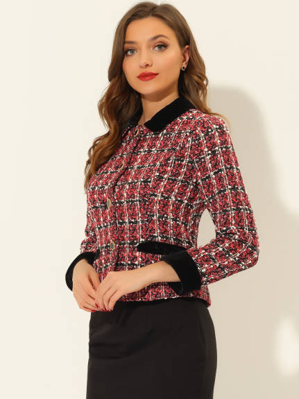 Allegra K- Elegant Velvet Collared Plaid Tweed Blazer