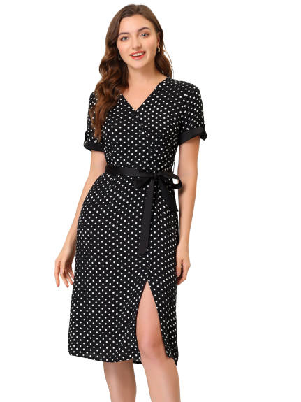 Allegra K- V Neck Polka Dots Button Decor Split Belted Dress