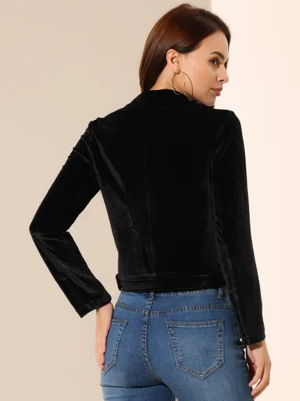 Allegra K- Velvet Zipper Lapel Collar Moto Biker Jacket