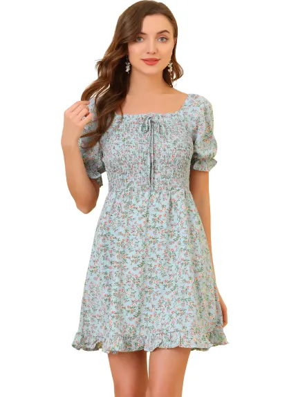 Allegra K- Puff Sleeve Square Neck Ruffled Hem Floral Smocked Dress