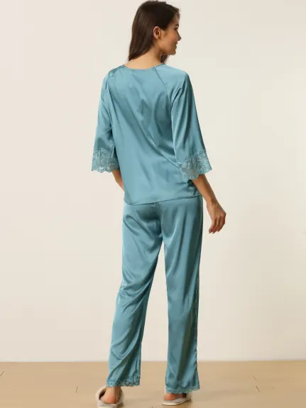 cheibear - Lace 3/4 Sleeves Lounge with Pants Pajama Set