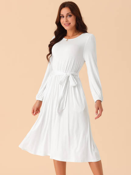 Allegra K - Crewneck Tie Waist Flowy Midi Dress