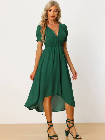 Allegra K- Deep V Smock Waist Short Sleeveless A-Line Midi Dress