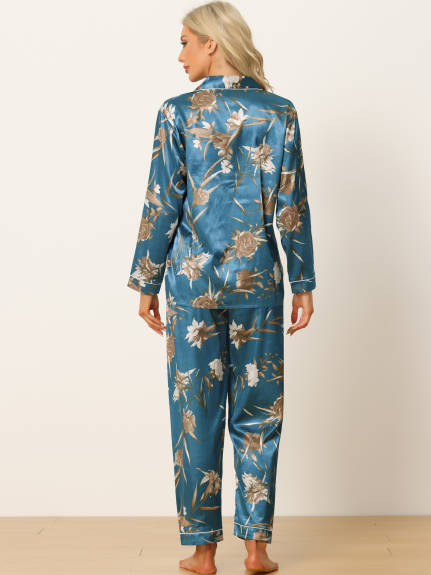 cheibear - Satin Silky Floral Printed Button Sleepwear Set