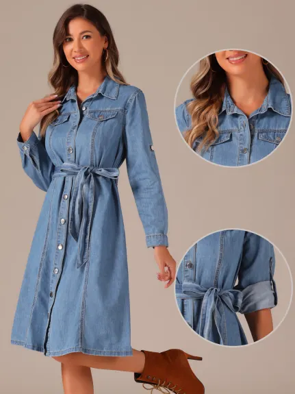 Allegra K - Robe en jean à manches longues et ceinture boutonnée