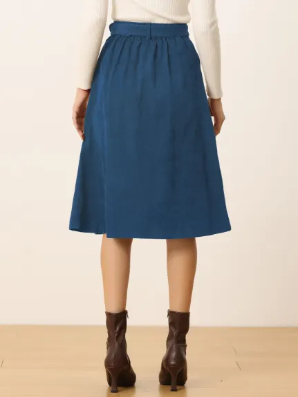 Allegra K - Button Front A-Line Belted Corduroy Skirt