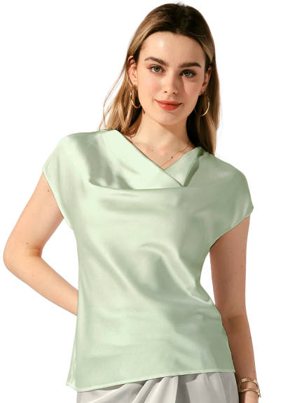 Allegra K - Cowl Neck Short Sleeve Satin Top