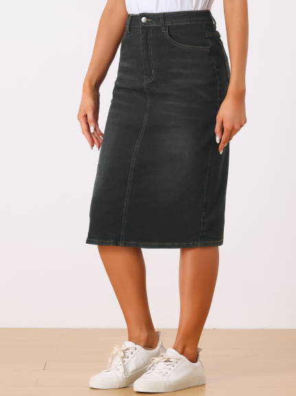 Allegra K- High Waist Split Back Denim Midi Skirt