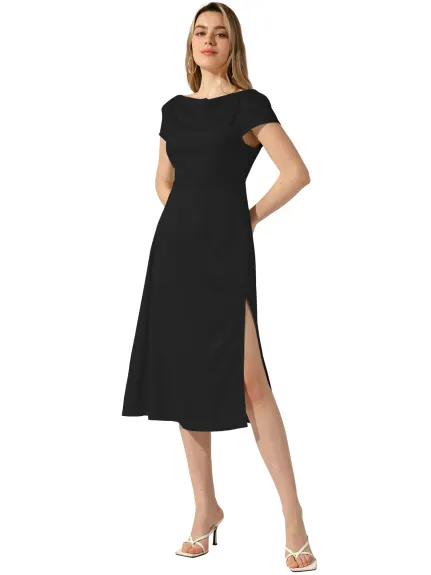 Allegra K - Satin Cowl Neck Cap Sleeve Midi Dress