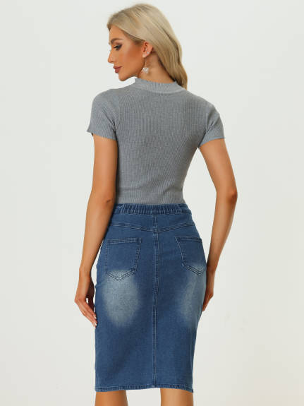 Allegra K- Elastic Waist Split Denim Pencil Skirt