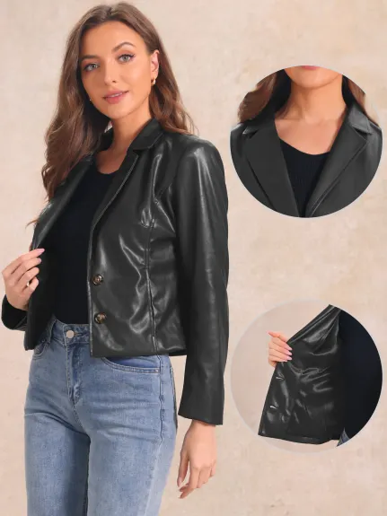 Allegra K - Faux Leather Motorcycle Cropped Jacket