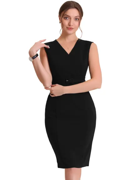 Allegra K- Sheath Sleeveless V Neck Belt Pencil Dress