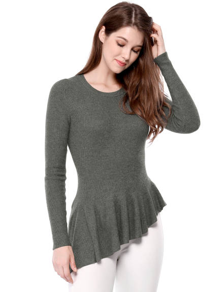 Allegra K- Ribbed Irregular Curved Hem Peplum Knit Top